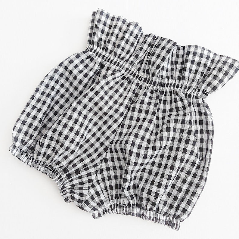 High-Waist Gingham Baby Bloomers – Black & White Cotton Paper Bag Waist