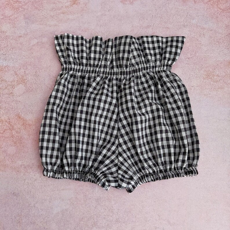 High-Waist Gingham Baby Bloomers – Black & White Cotton Paper Bag Waist