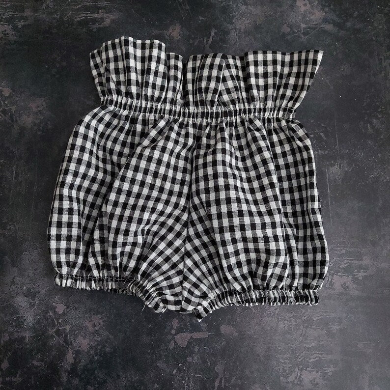 High-Waist Gingham Baby Bloomers – Black & White Cotton Paper Bag Waist