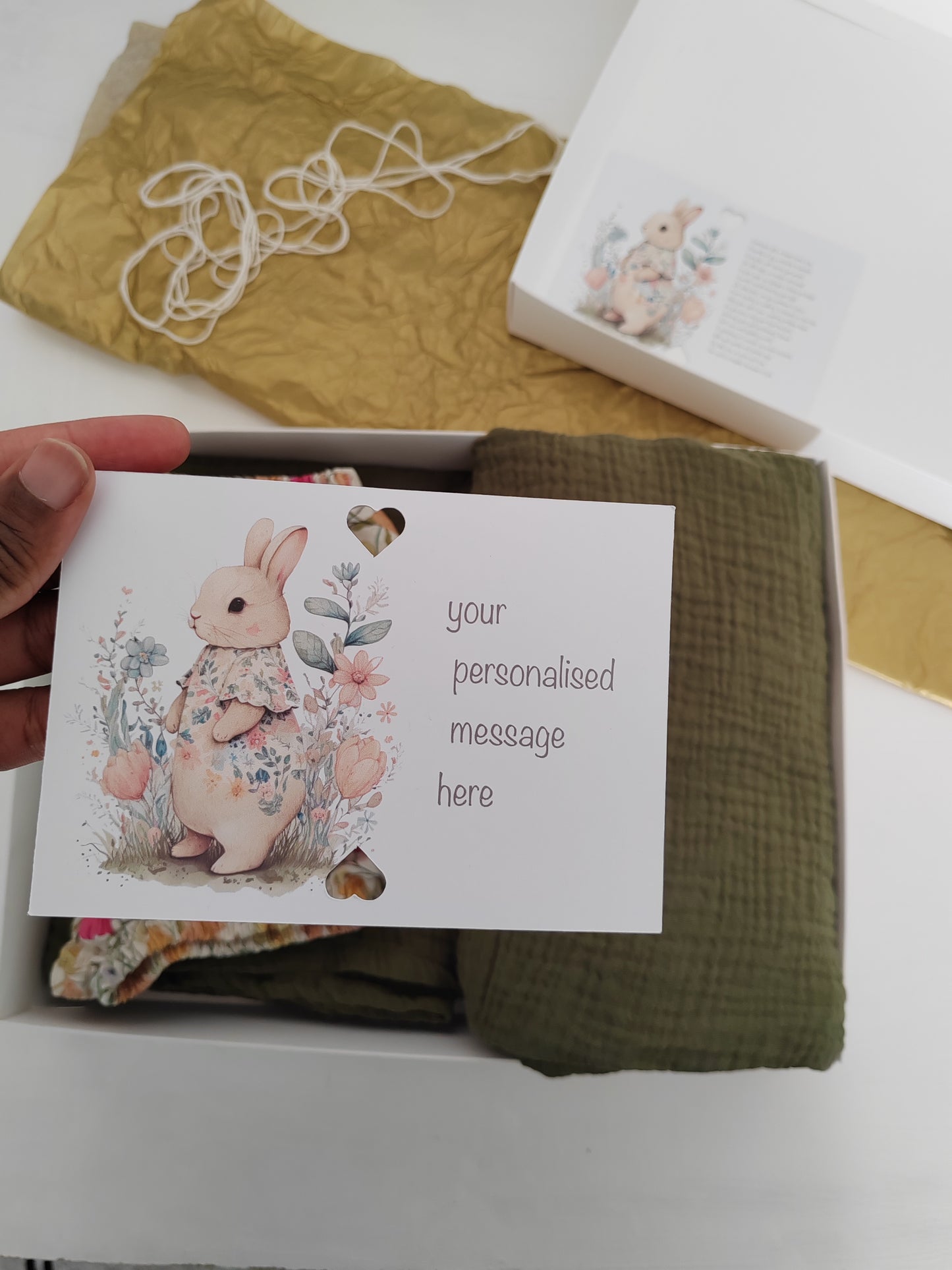 Baby Gift Box – Floral Bloomers, Olive Green Blanket & Burp Cloth with Bunny Print & Personalised Message