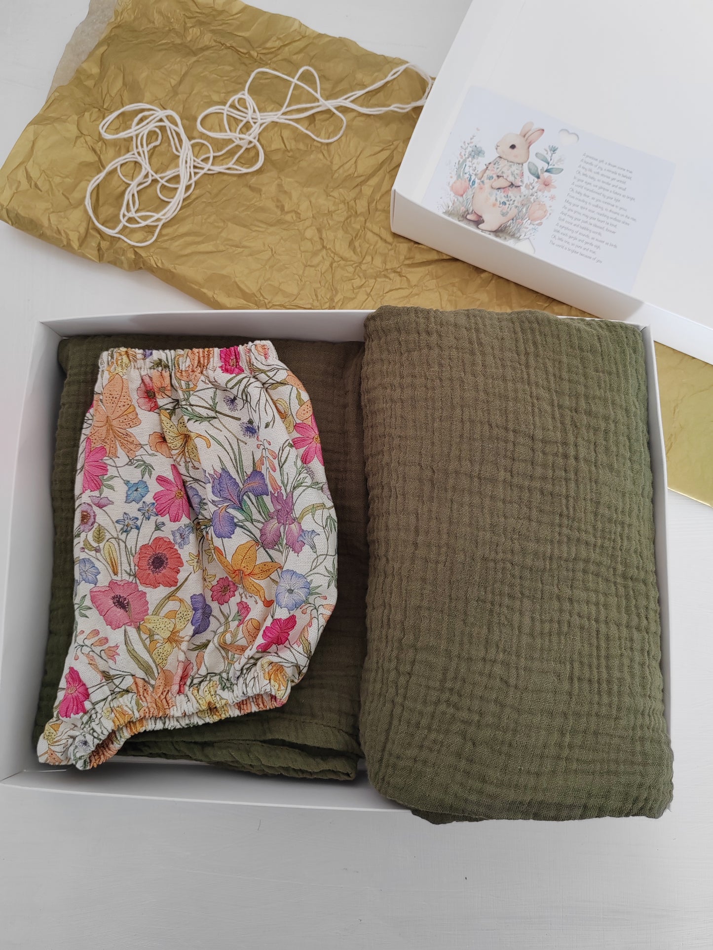 Baby Gift Box – Floral Bloomers, Olive Green Blanket & Burp Cloth with Bunny Print & Personalised Message