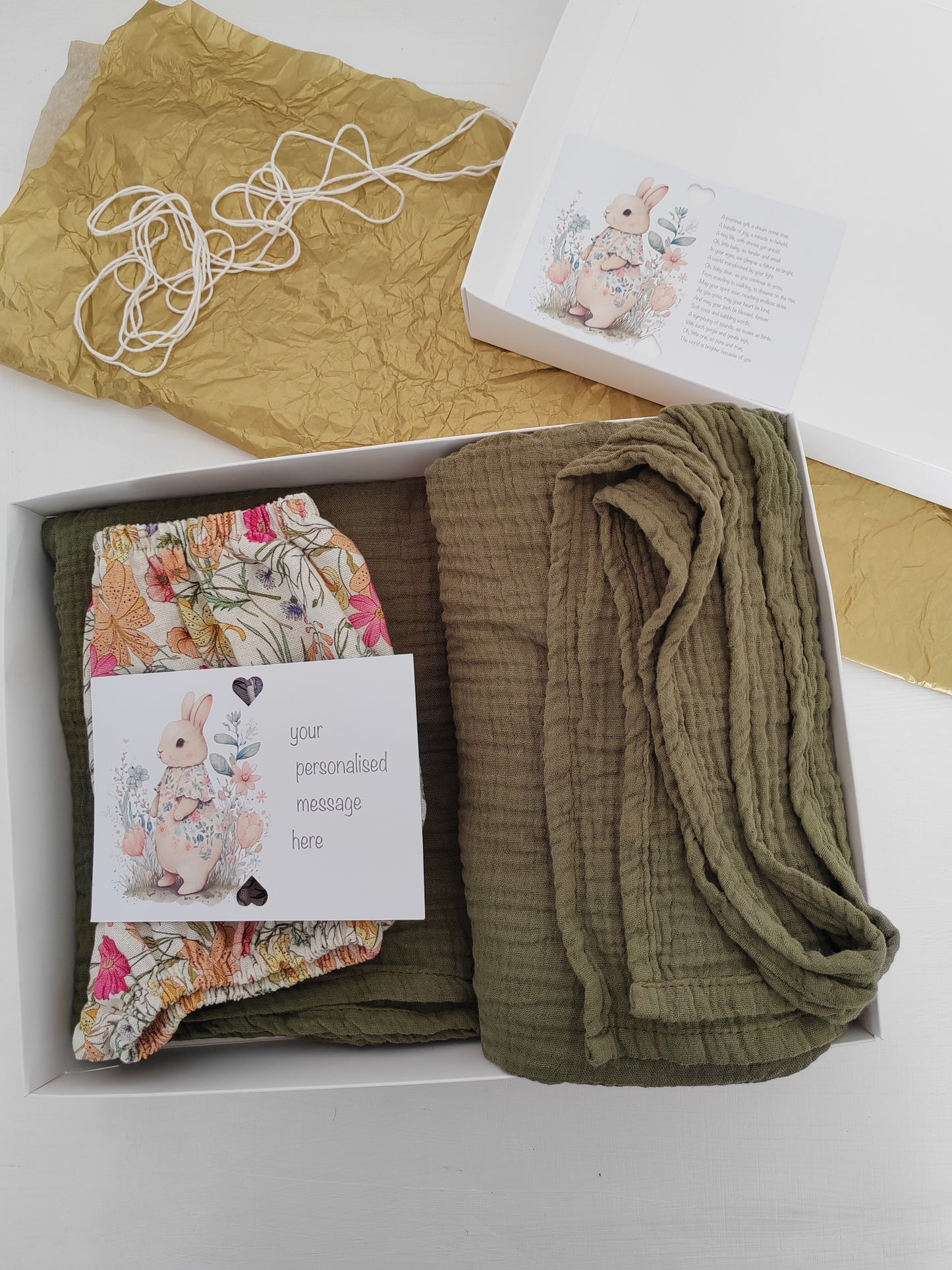 Baby Gift Box – Floral Bloomers, Olive Green Blanket & Burp Cloth with Bunny Print & Personalised Message