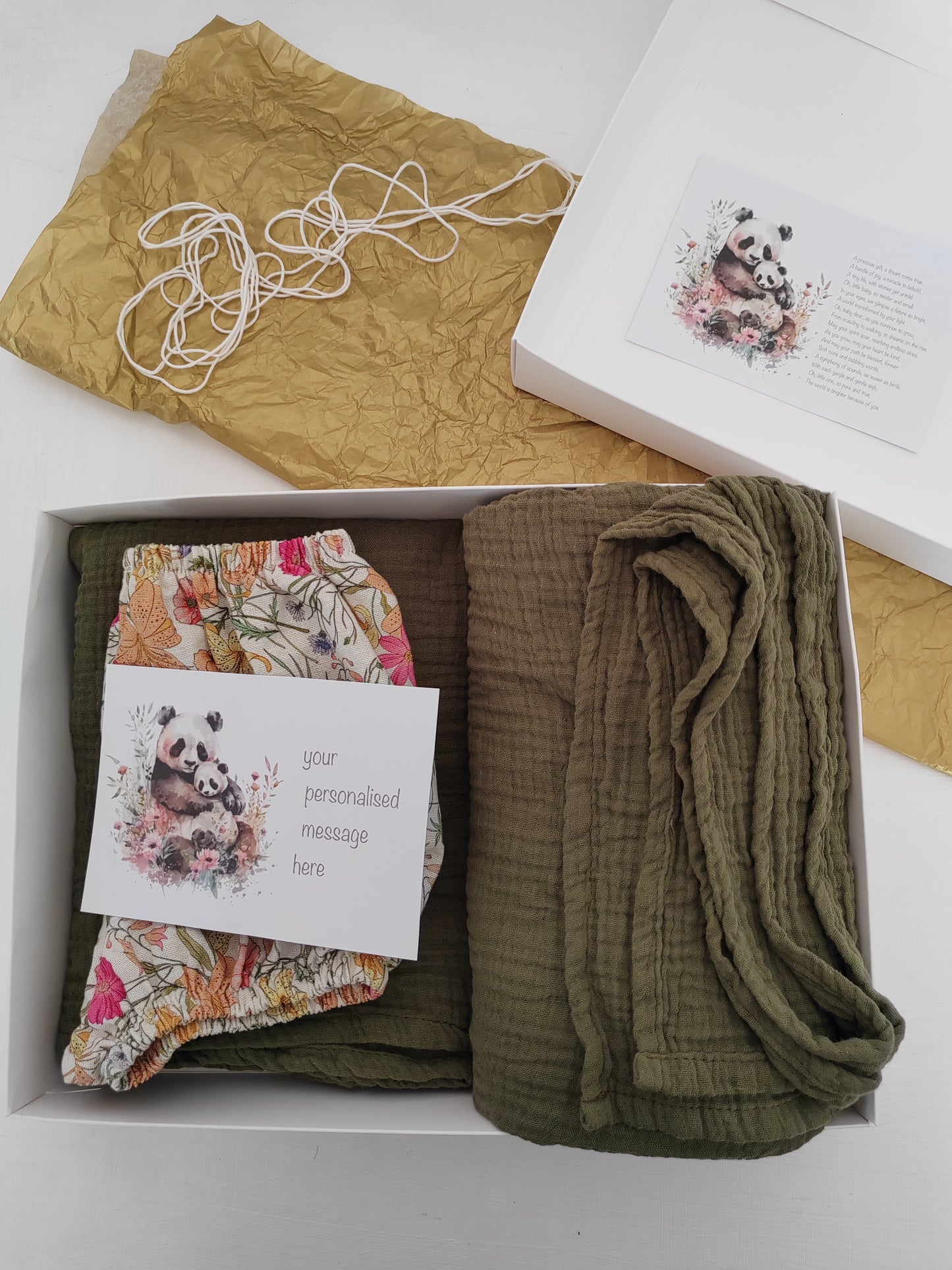 Baby Gift Box – Floral Bloomers, Olive Muslin Blanket & Panda Print Personalised Card