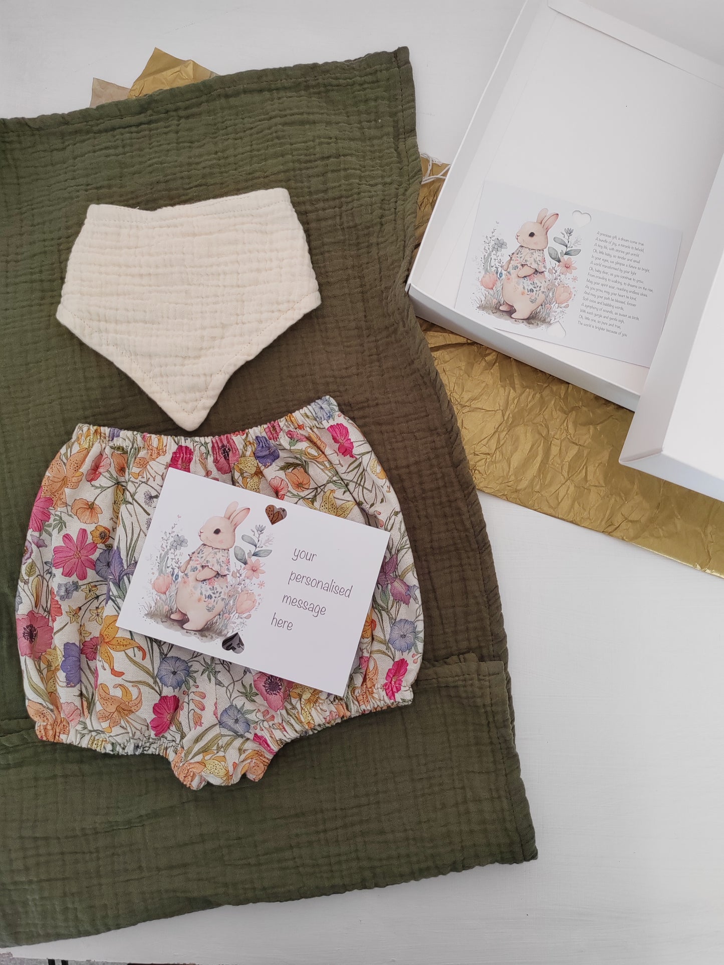Newborn Baby Gift Box – Beige Floral Bloomer, Bib & Burp Cloth Set with Personalised Message
