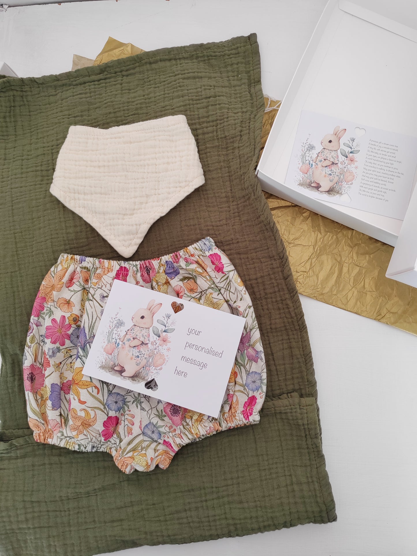 Newborn Baby Gift Box – Beige Floral Bloomer, Bib & Burp Cloth Set with Personalised Message