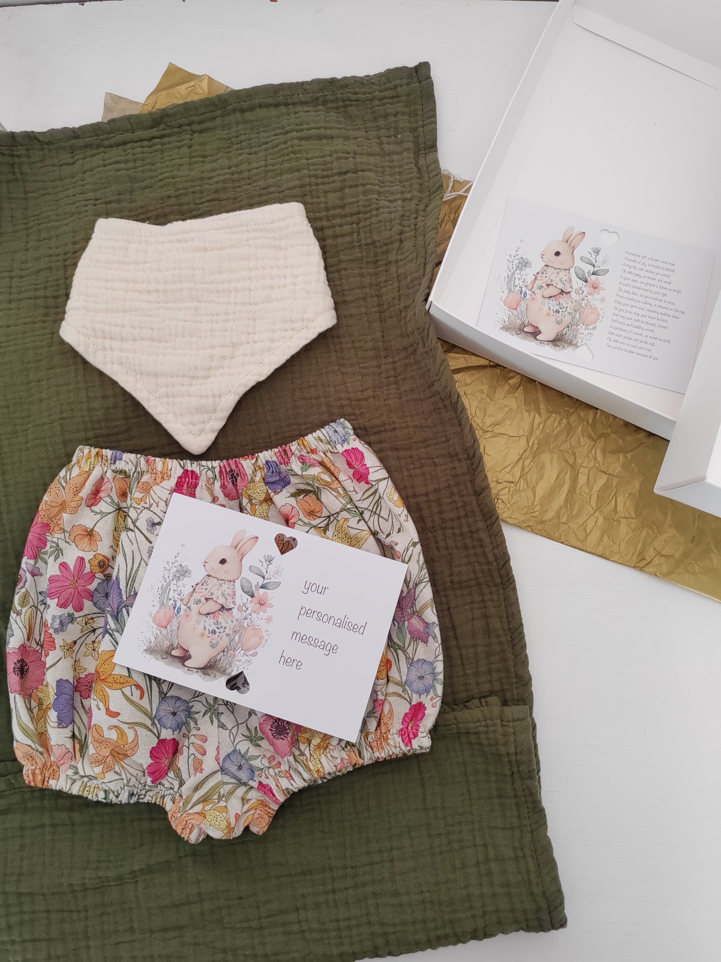 Newborn Baby Gift Box – Beige Floral Bloomer, Bib & Burp Cloth Set with Personalised Message