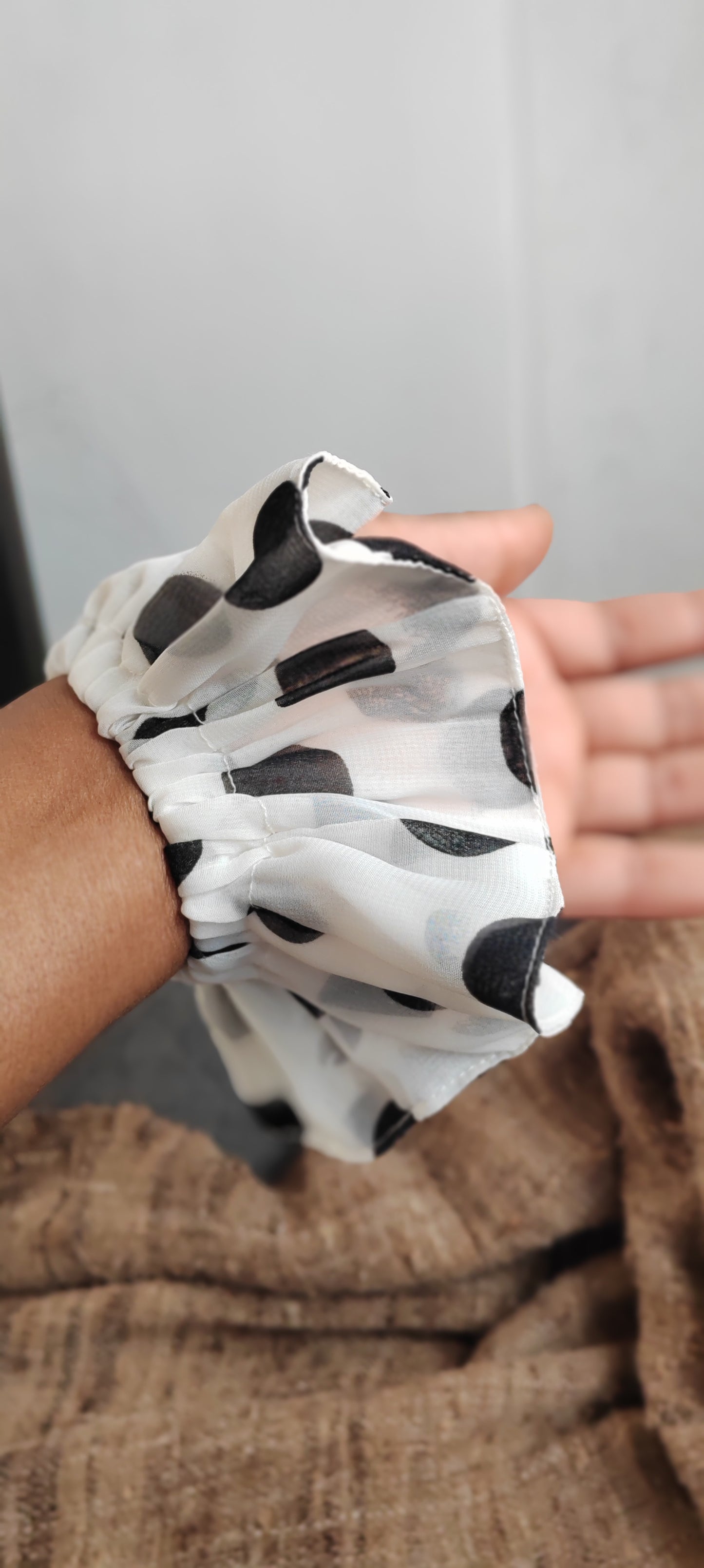 Handmade Chiffon Polka Dot Scrunchie – Ivory & Black, Vintage-Inspired Hair Accessory | Made in the UK