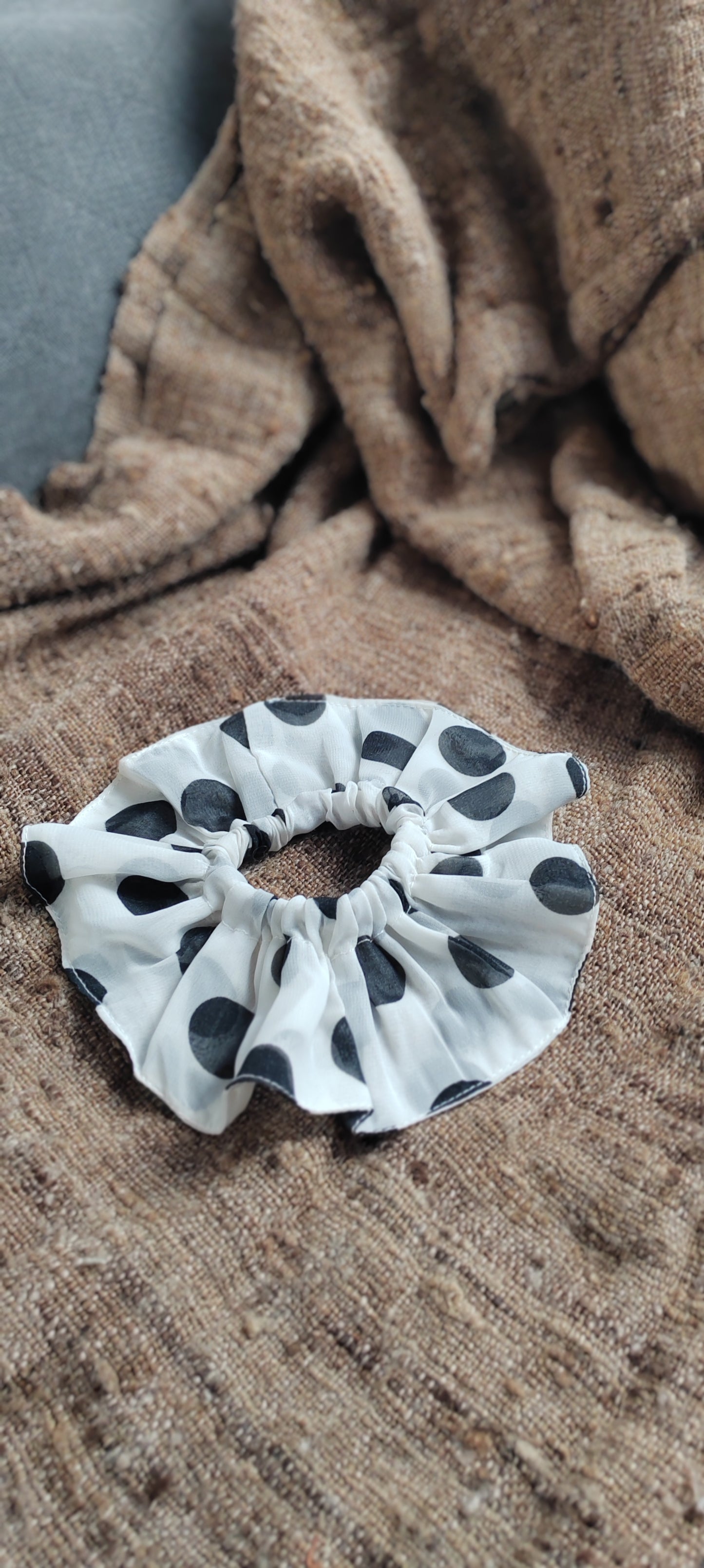 Handmade Chiffon Polka Dot Scrunchie – Ivory & Black, Vintage-Inspired Hair Accessory | Made in the UK