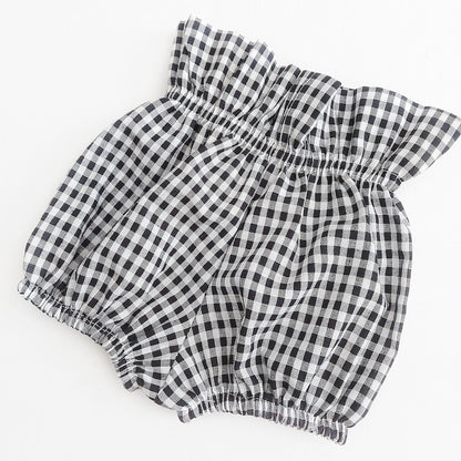 High-Waist Gingham Baby Bloomers – Black & White Cotton Paper Bag Waist
