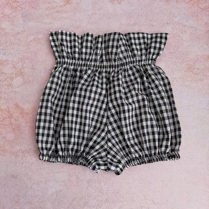 High-Waist Gingham Baby Bloomers – Black & White Cotton Paper Bag Waist