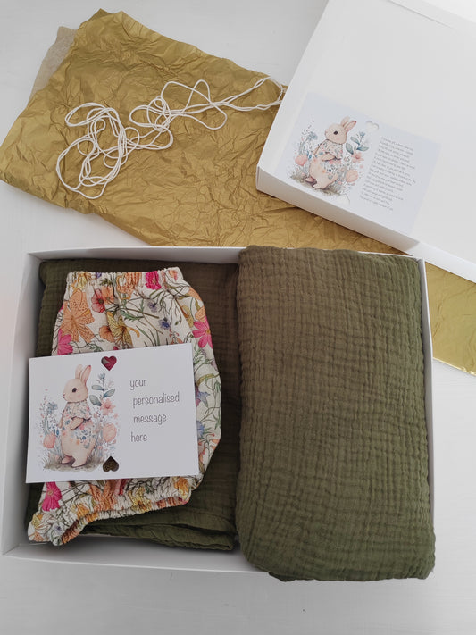 Baby Gift Box – Floral Bloomers, Olive Green Blanket & Burp Cloth with Bunny Print & Personalised Message