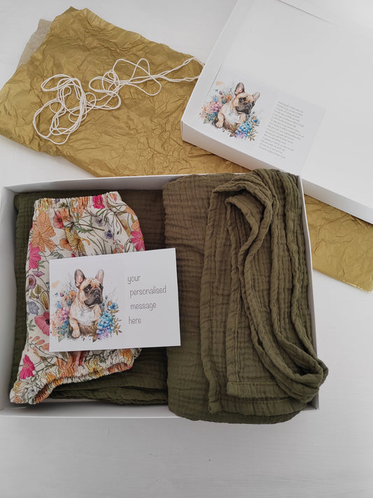 Baby Gift Box – Floral Bloomers, Olive Green Muslin Set & Personalised Pug Print Card