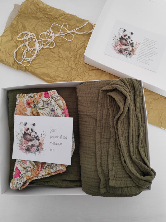 Baby Gift Box – Floral Bloomers, Olive Muslin Blanket & Panda Print Personalised Card