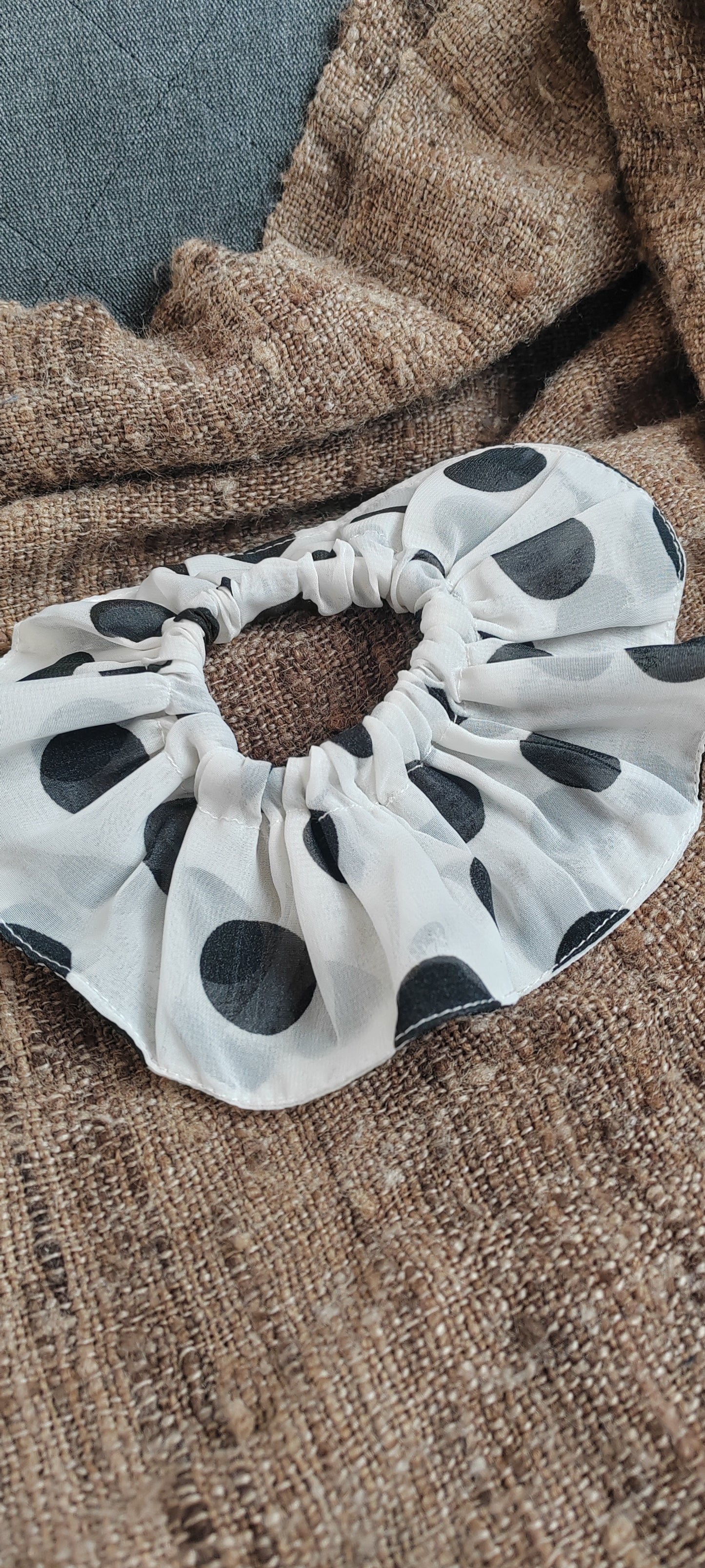 Handmade Chiffon Polka Dot Scrunchie – Ivory & Black, Vintage-Inspired Hair Accessory | Made in the UK