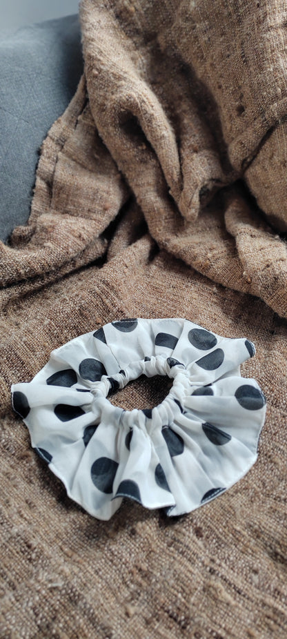 Handmade Chiffon Polka Dot Scrunchie – Ivory & Black, Vintage-Inspired Hair Accessory | Made in the UK