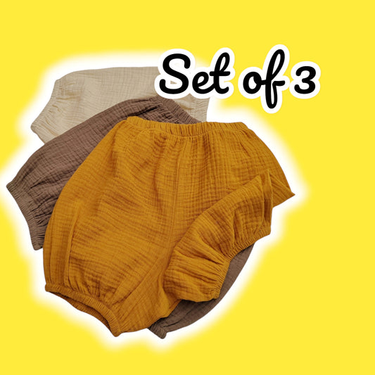 Set of 3 Baby Bloomers – Double Gauze Cotton Bloomer Bundle for Babies
